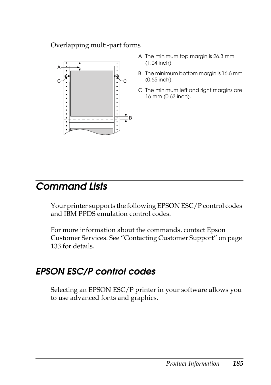 Command lists, Epson esc/p control codes | Epson DFX-9000 User Manual | Page 185 / 198