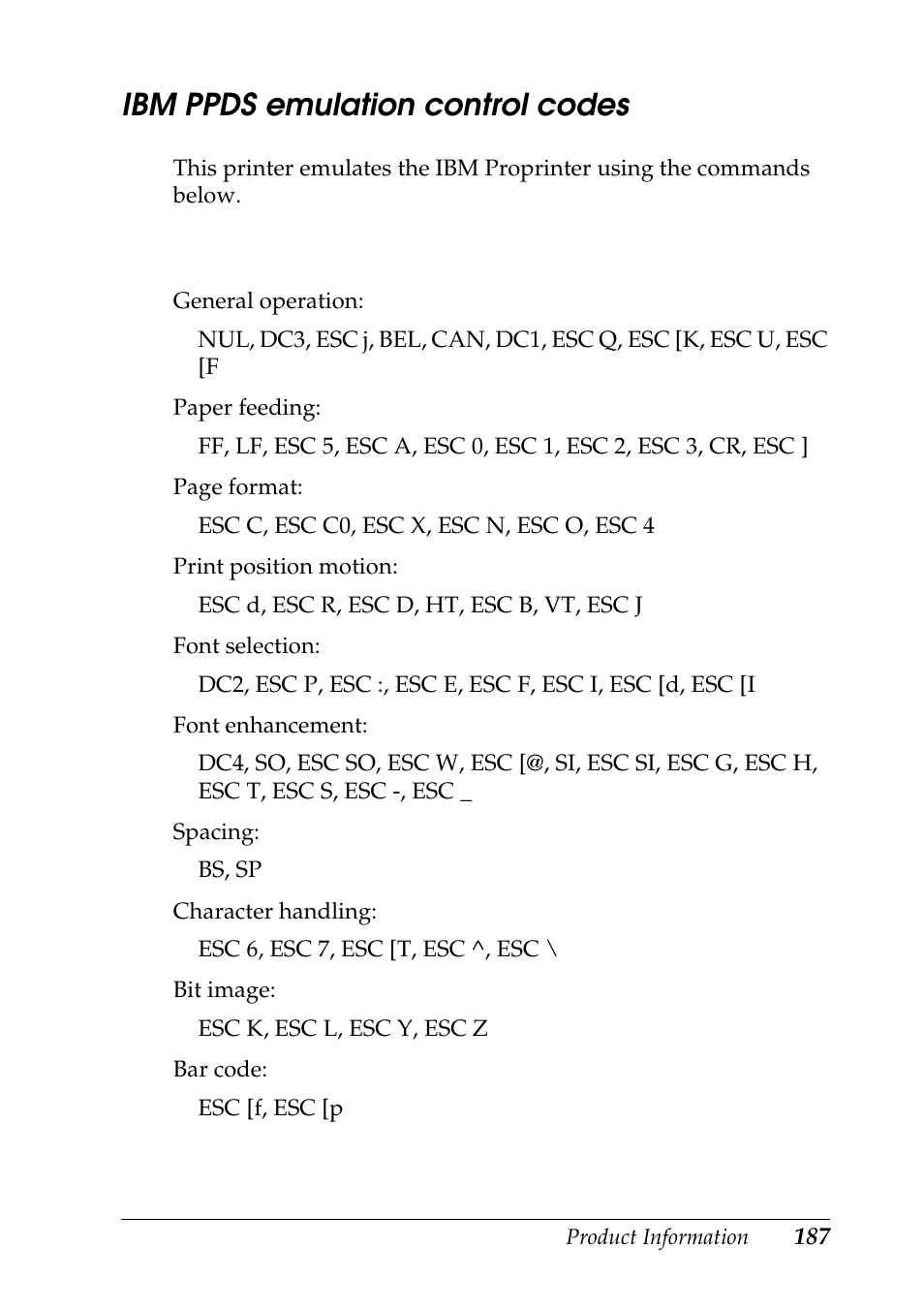 Ibm ppds emulation control codes | Epson DFX-9000 User Manual | Page 187 / 198