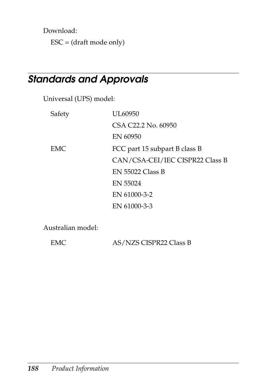 Standards and approvals | Epson DFX-9000 User Manual | Page 188 / 198