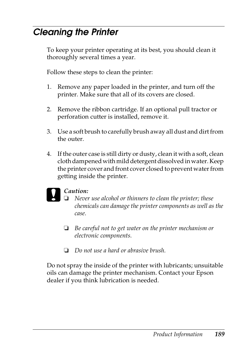 Cleaning the printer | Epson DFX-9000 User Manual | Page 189 / 198