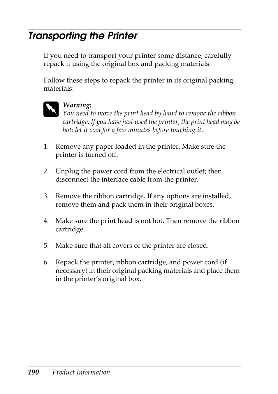 Transporting the printer | Epson DFX-9000 User Manual | Page 190 / 198