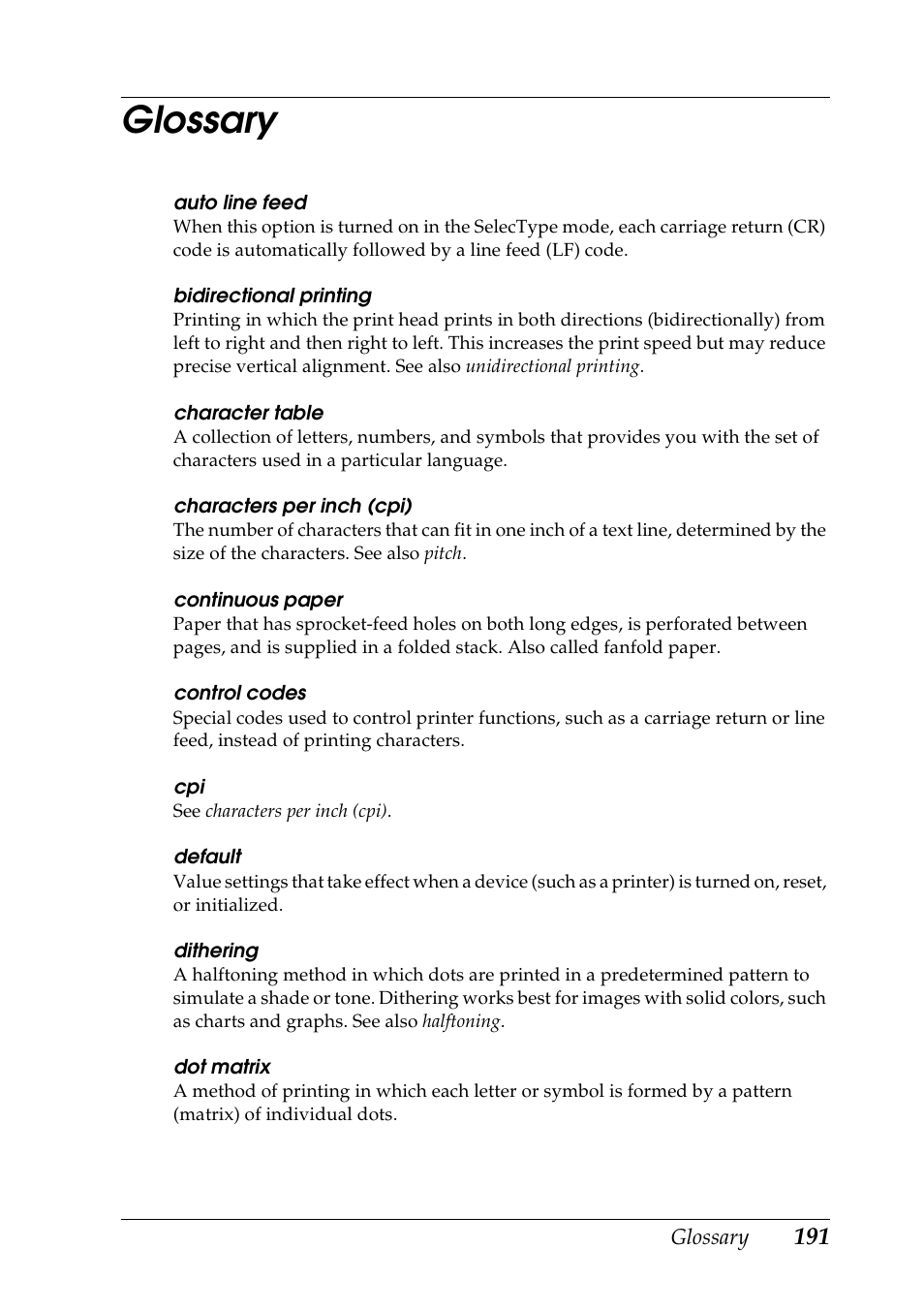 Glossary | Epson DFX-9000 User Manual | Page 191 / 198