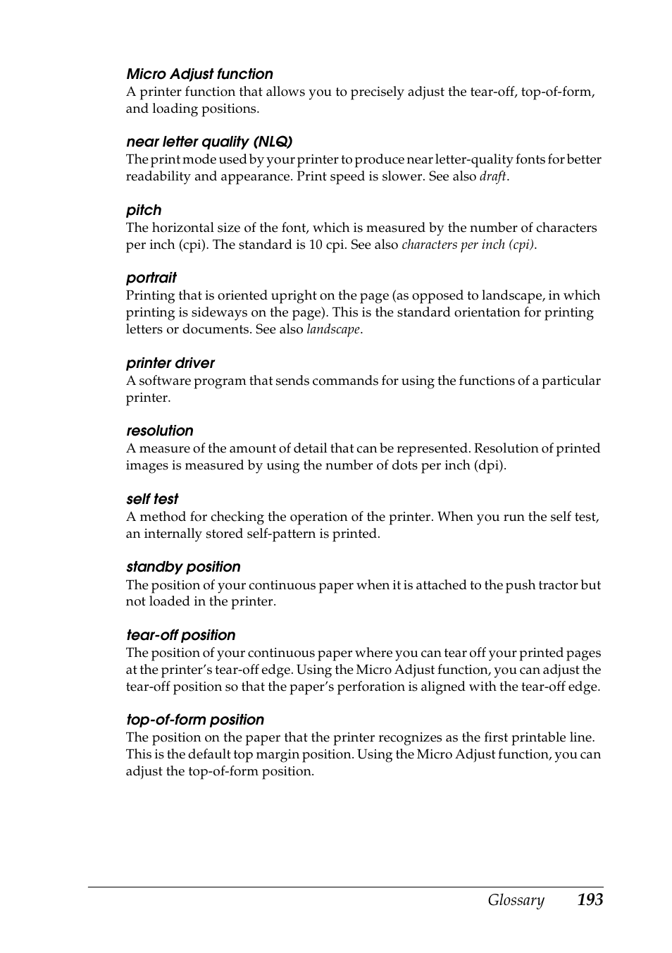 Pitch, Near letter quality (nlq), Printer driver | Portrait | Epson DFX-9000 User Manual | Page 193 / 198