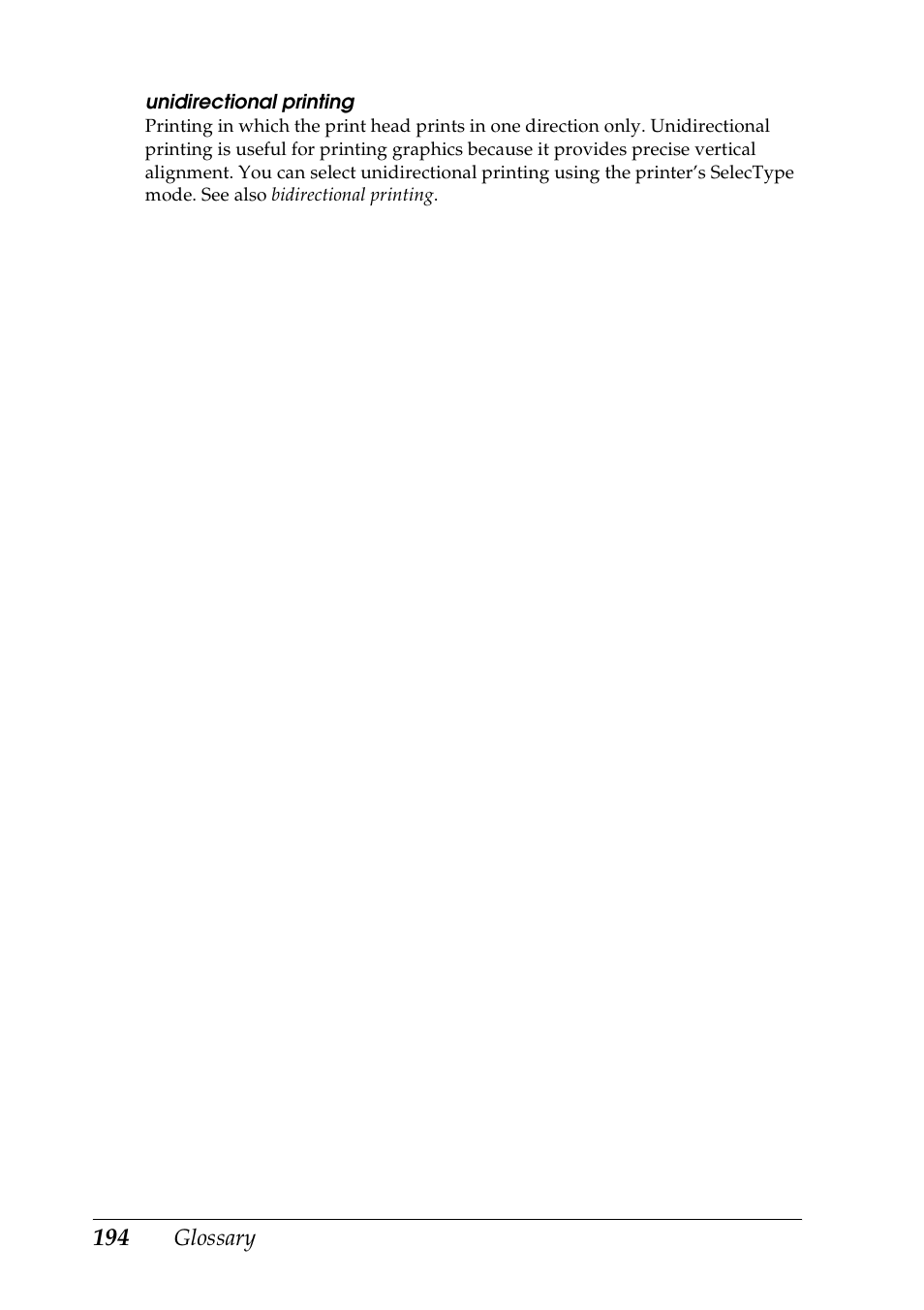 Unidirectional printing | Epson DFX-9000 User Manual | Page 194 / 198