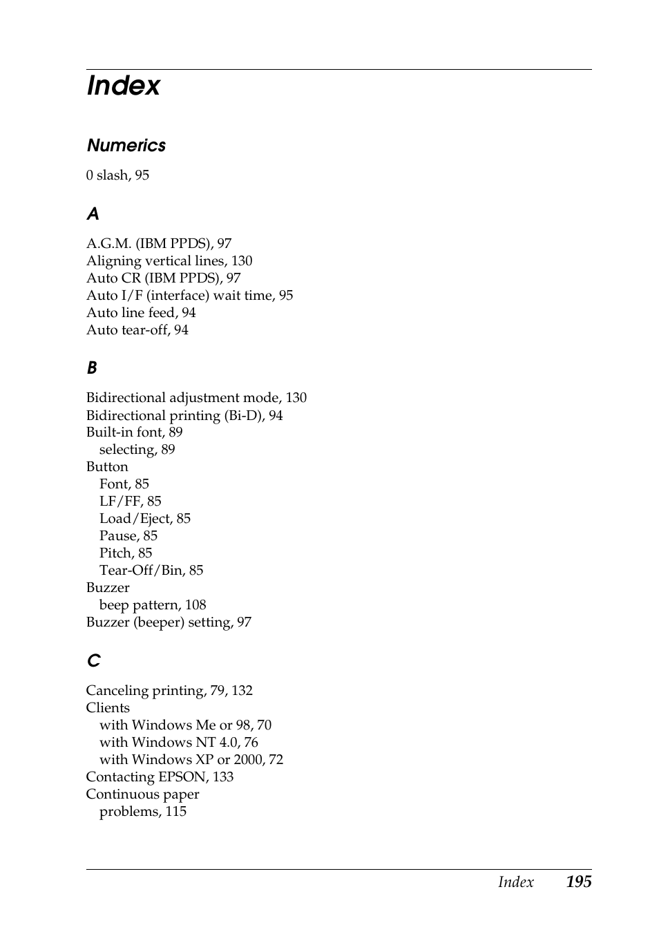 Index | Epson DFX-9000 User Manual | Page 195 / 198