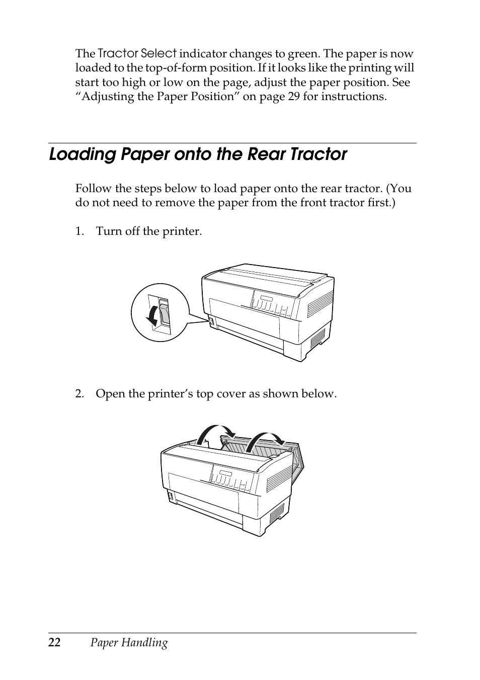 Loading paper onto the rear tractor | Epson DFX-9000 User Manual | Page 22 / 198