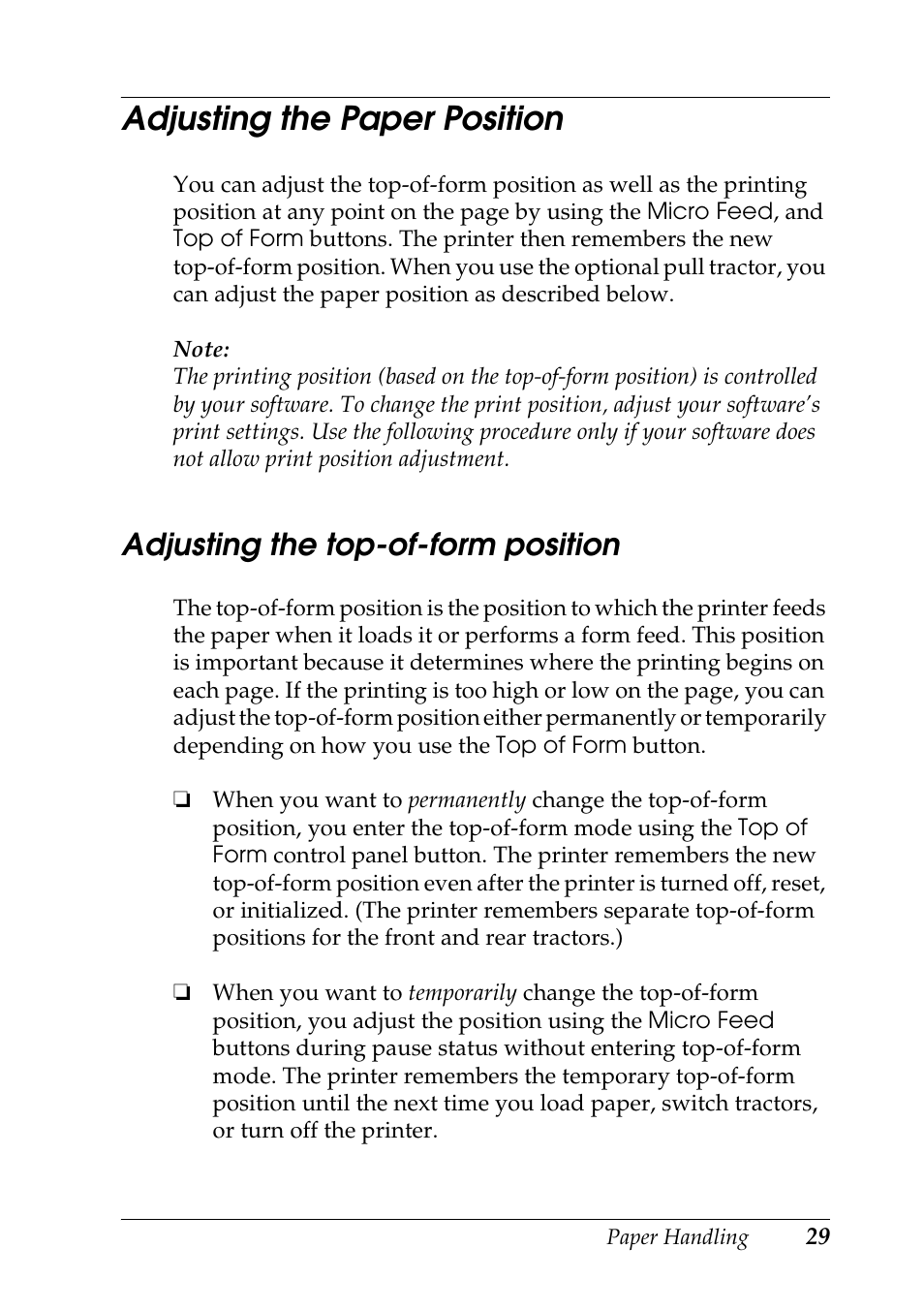 Adjusting the paper position, Adjusting the top-of-form position | Epson DFX-9000 User Manual | Page 29 / 198