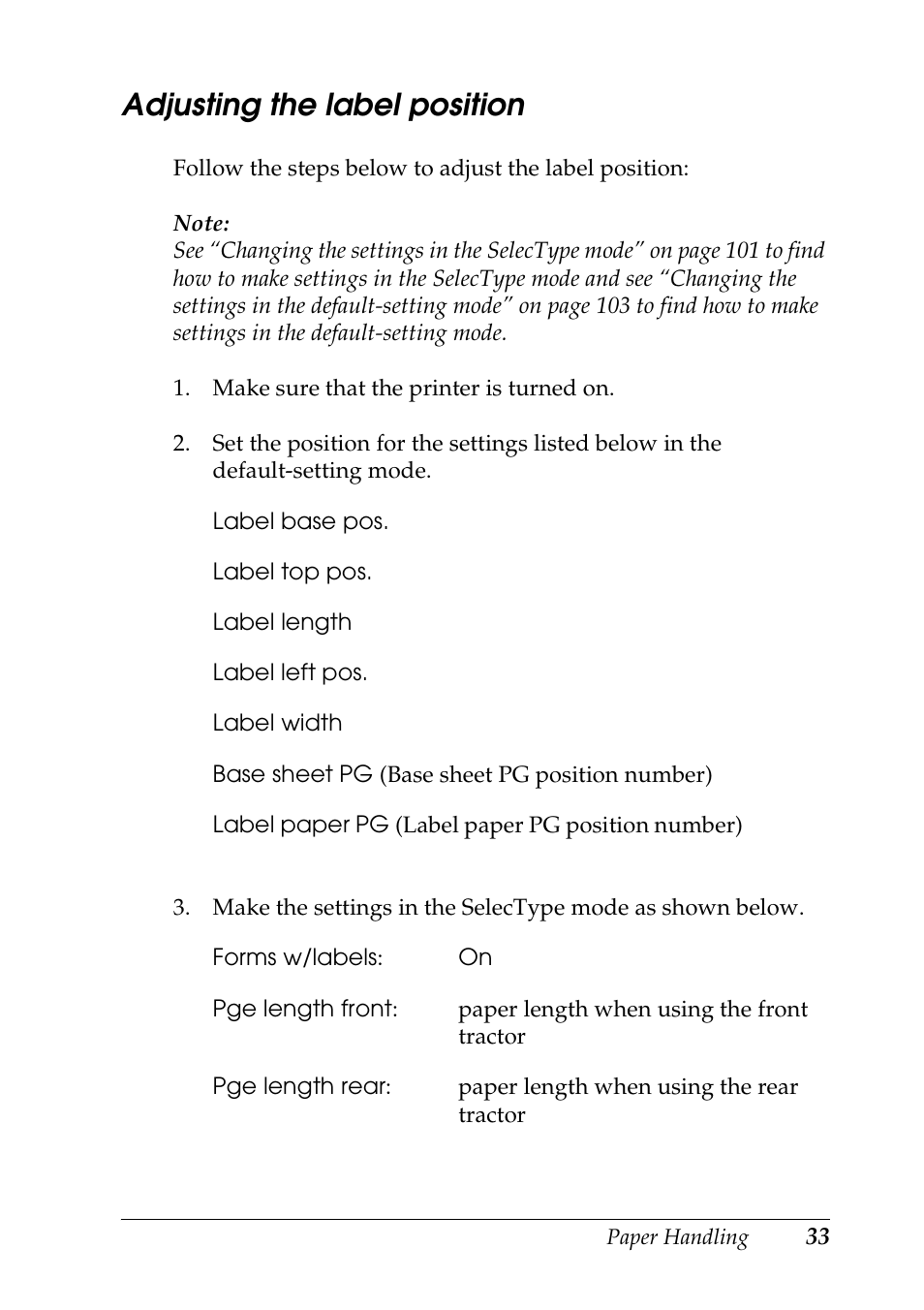 Adjusting the label position | Epson DFX-9000 User Manual | Page 33 / 198