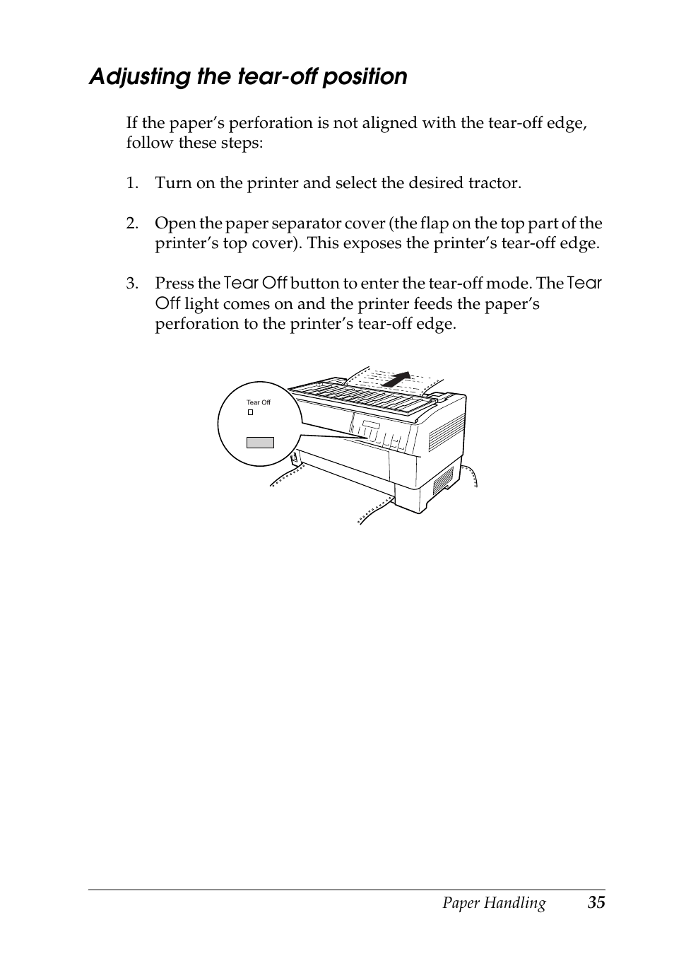 Adjusting the tear-off position | Epson DFX-9000 User Manual | Page 35 / 198