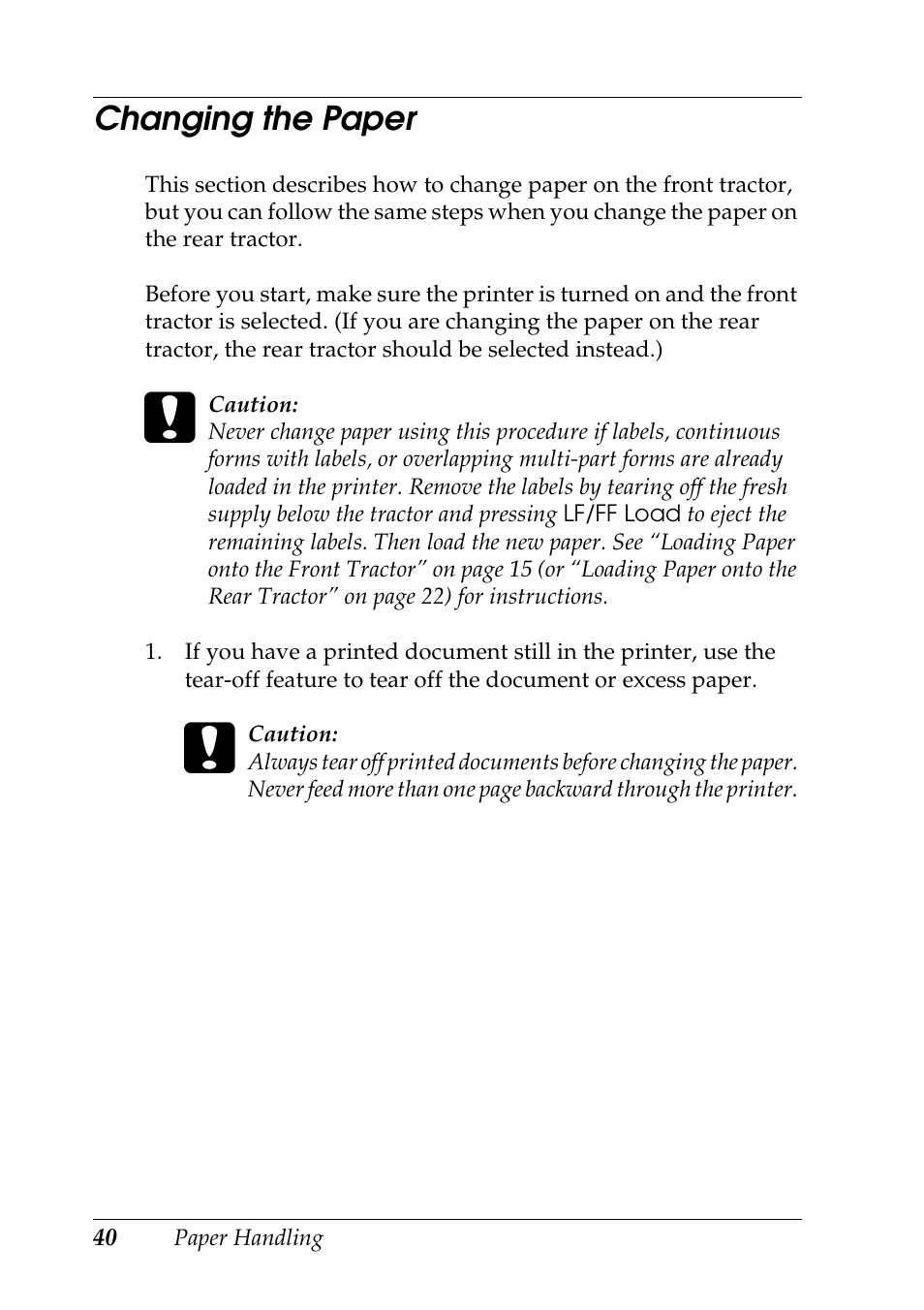 Changing the paper | Epson DFX-9000 User Manual | Page 40 / 198