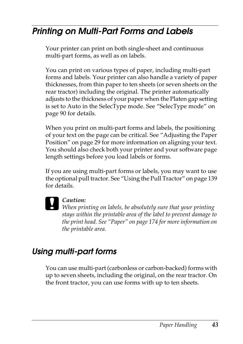 Printing on multi-part forms and labels, Using multi-part forms | Epson DFX-9000 User Manual | Page 43 / 198