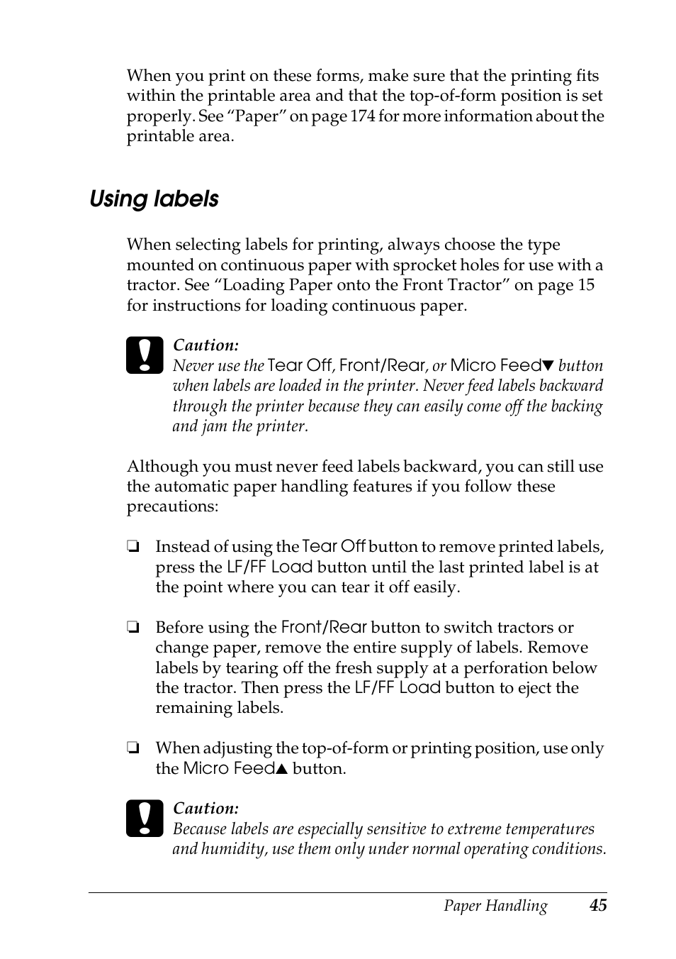Using labels | Epson DFX-9000 User Manual | Page 45 / 198