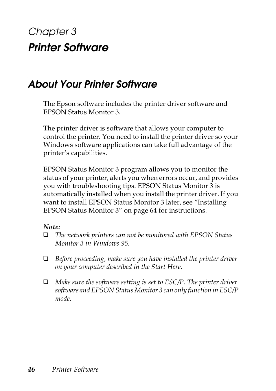 Printer software, About your printer software, Chapter 3 | Epson DFX-9000 User Manual | Page 46 / 198