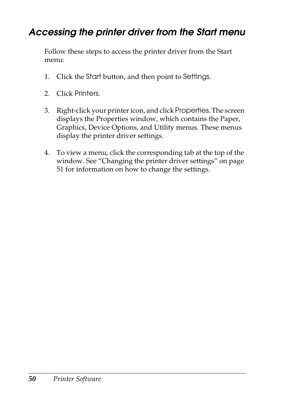 Accessing the printer driver from the start menu | Epson DFX-9000 User Manual | Page 50 / 198