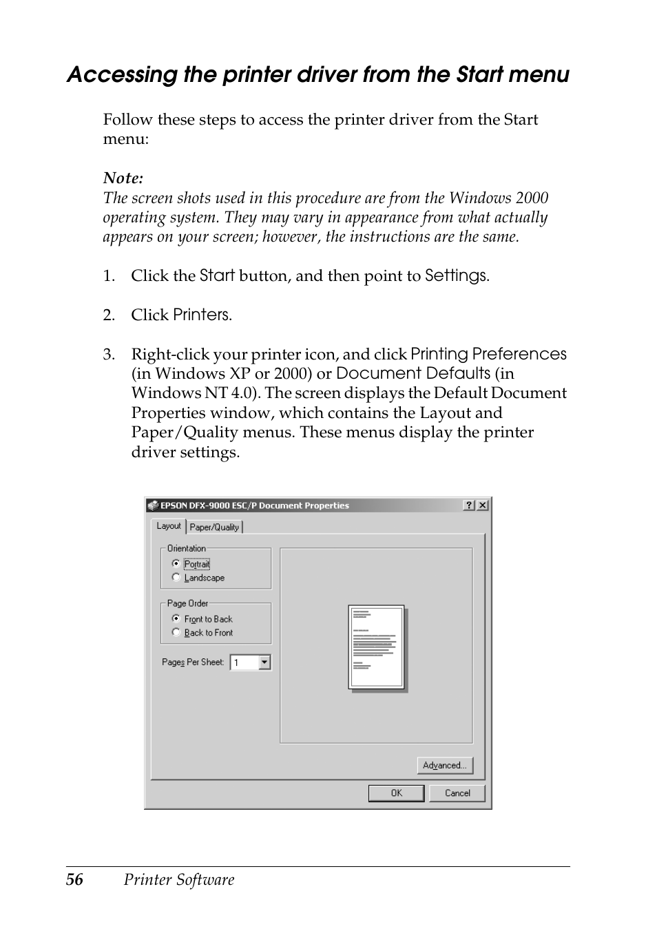 Accessing the printer driver from the start menu | Epson DFX-9000 User Manual | Page 56 / 198