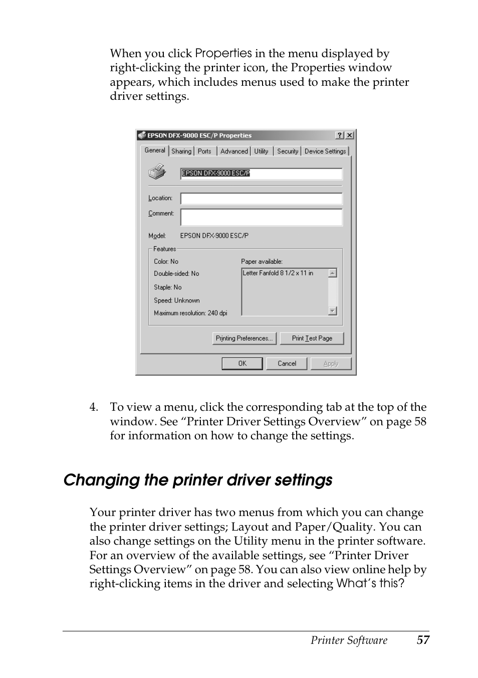 Changing the printer driver settings | Epson DFX-9000 User Manual | Page 57 / 198