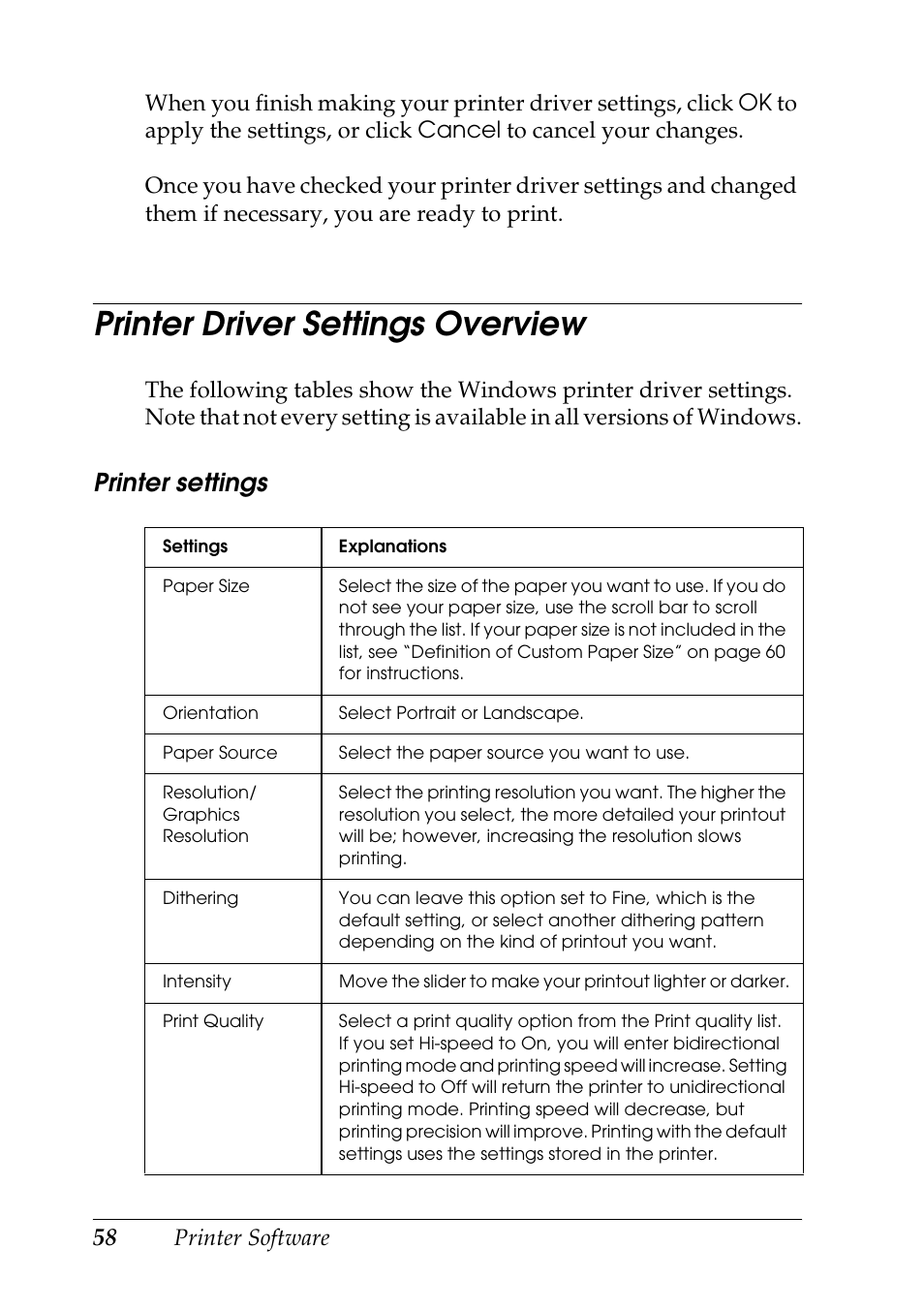Printer driver settings overview, Printer settings | Epson DFX-9000 User Manual | Page 58 / 198