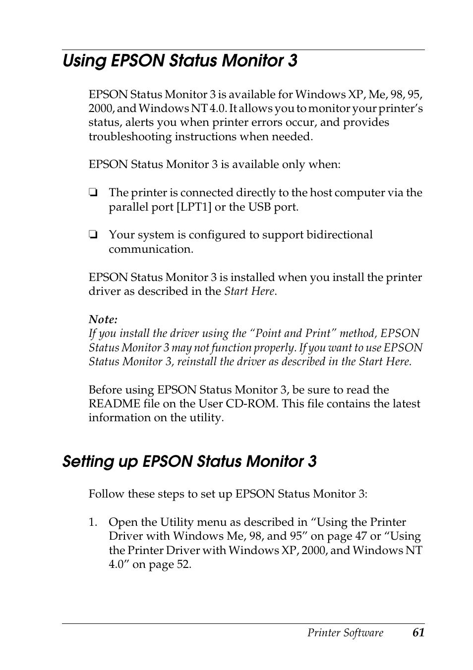 Using epson status monitor 3, Setting up epson status monitor 3 | Epson DFX-9000 User Manual | Page 61 / 198