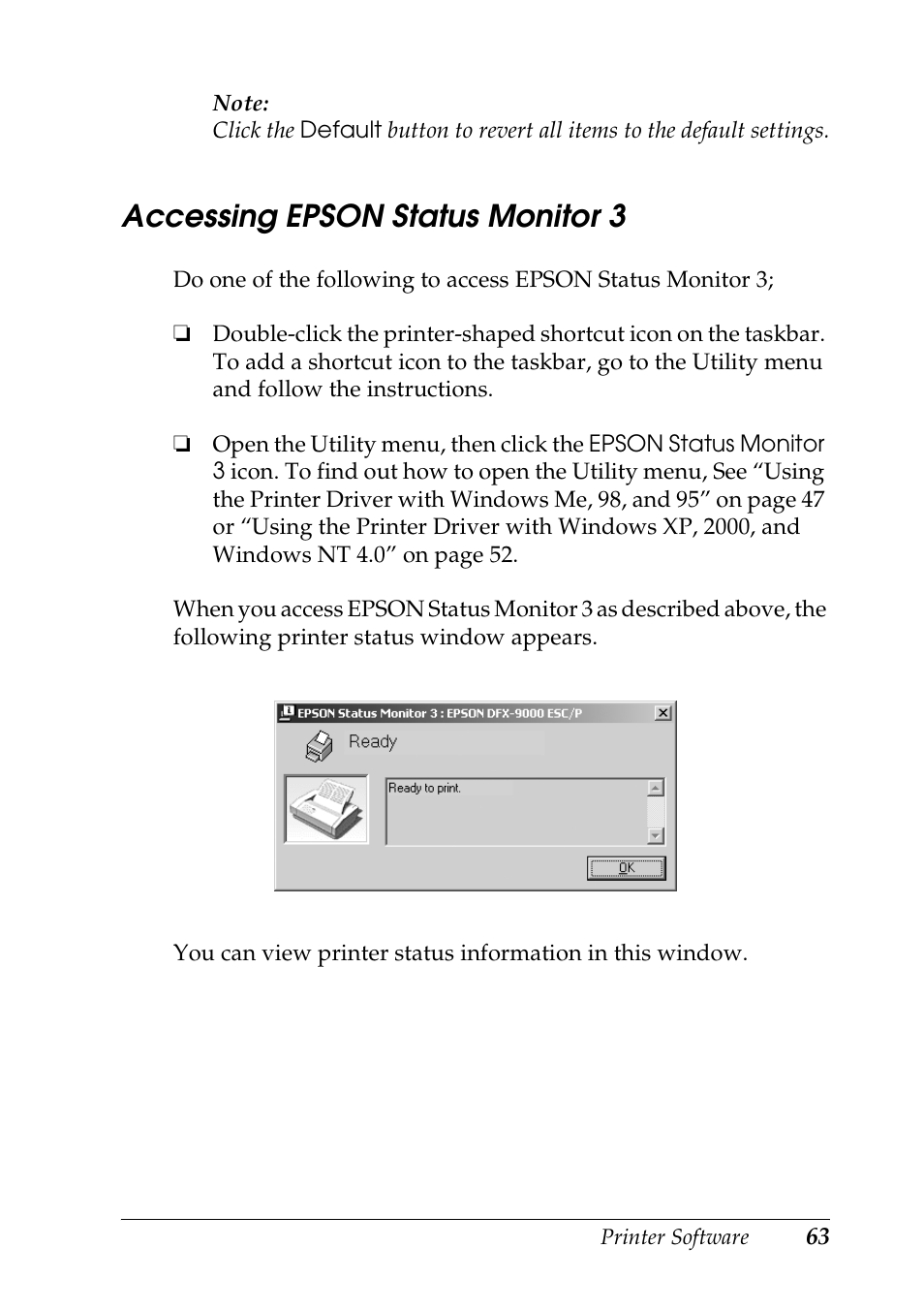 Accessing epson status monitor 3 | Epson DFX-9000 User Manual | Page 63 / 198