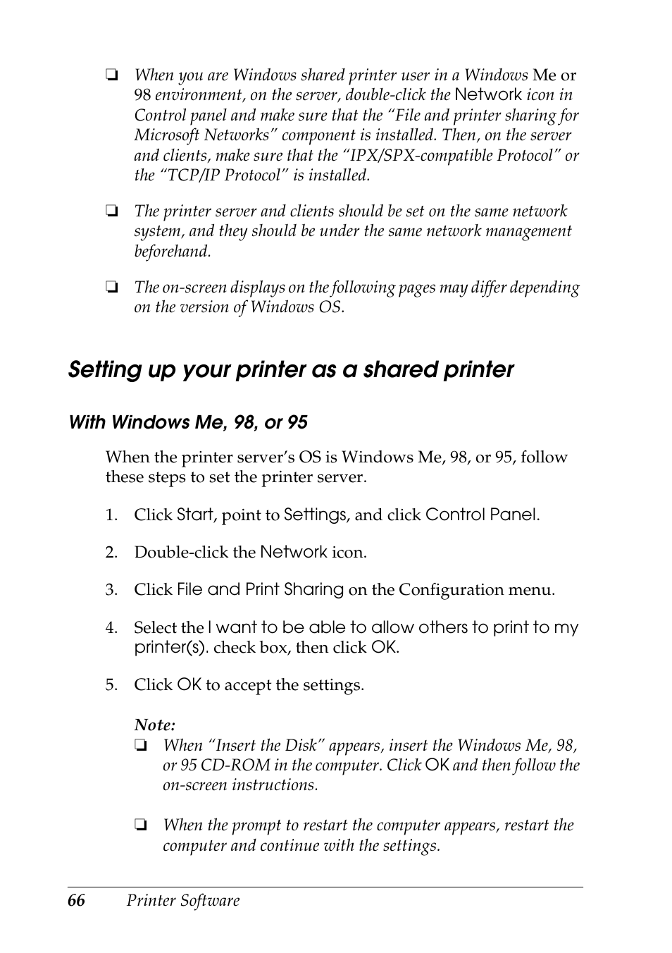 Setting up your printer as a shared printer, See “with windows me, 98, or | Epson DFX-9000 User Manual | Page 66 / 198