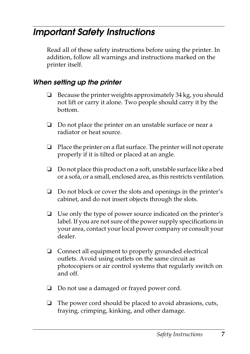 Important safety instructions | Epson DFX-9000 User Manual | Page 7 / 198