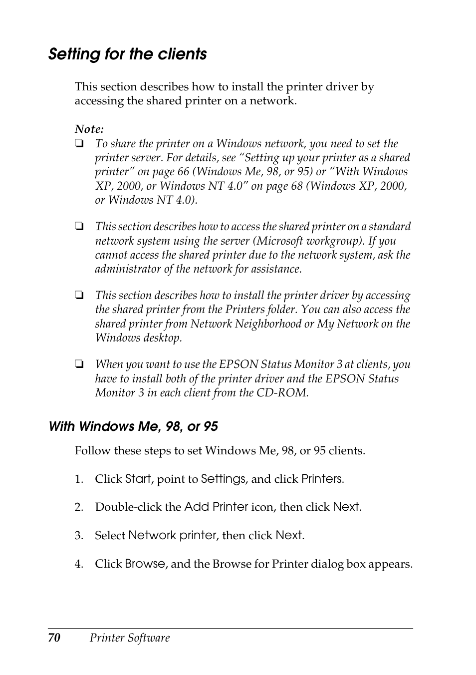 Setting for the clients, See “with windows me, 98, or | Epson DFX-9000 User Manual | Page 70 / 198