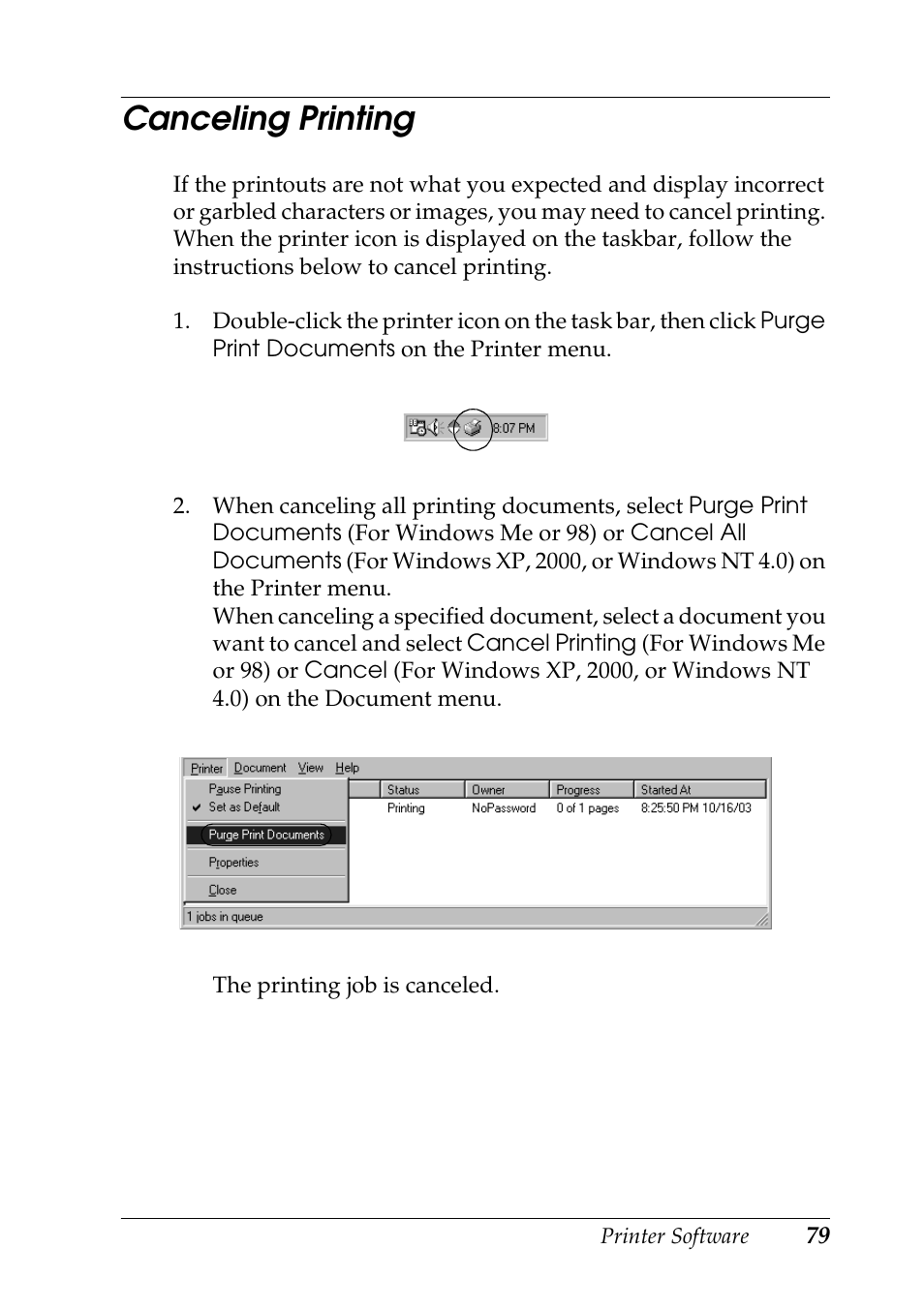 Canceling printing | Epson DFX-9000 User Manual | Page 79 / 198