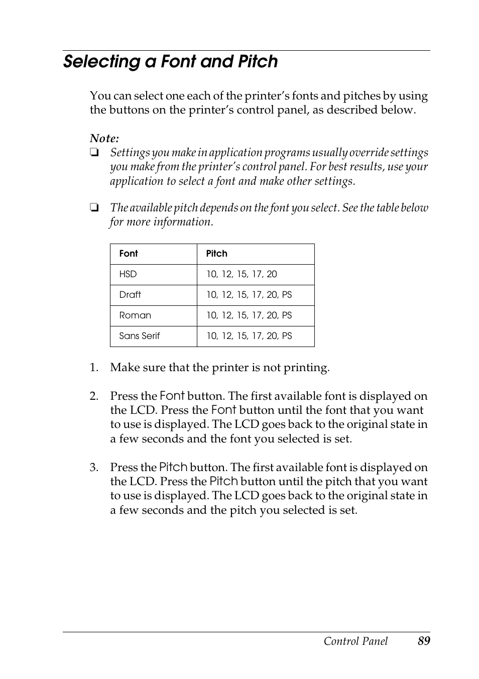 Selecting a font and pitch, Selecting | Epson DFX-9000 User Manual | Page 89 / 198