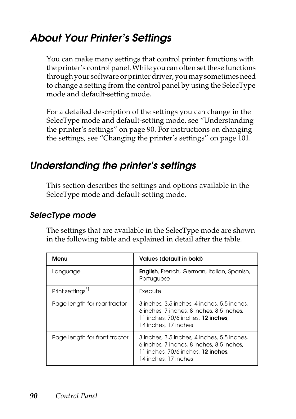 About your printer’s settings, Understanding the printer’s settings, Selectype mode | Epson DFX-9000 User Manual | Page 90 / 198