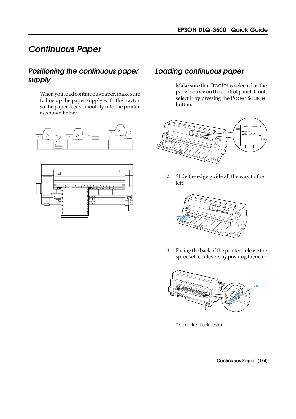 Continuous paper, Positioning the continuous paper supply, Loading continuous paper | Epson dlq-3500 quick guide | Epson DLQ-3500 User Manual | Page 10 / 31