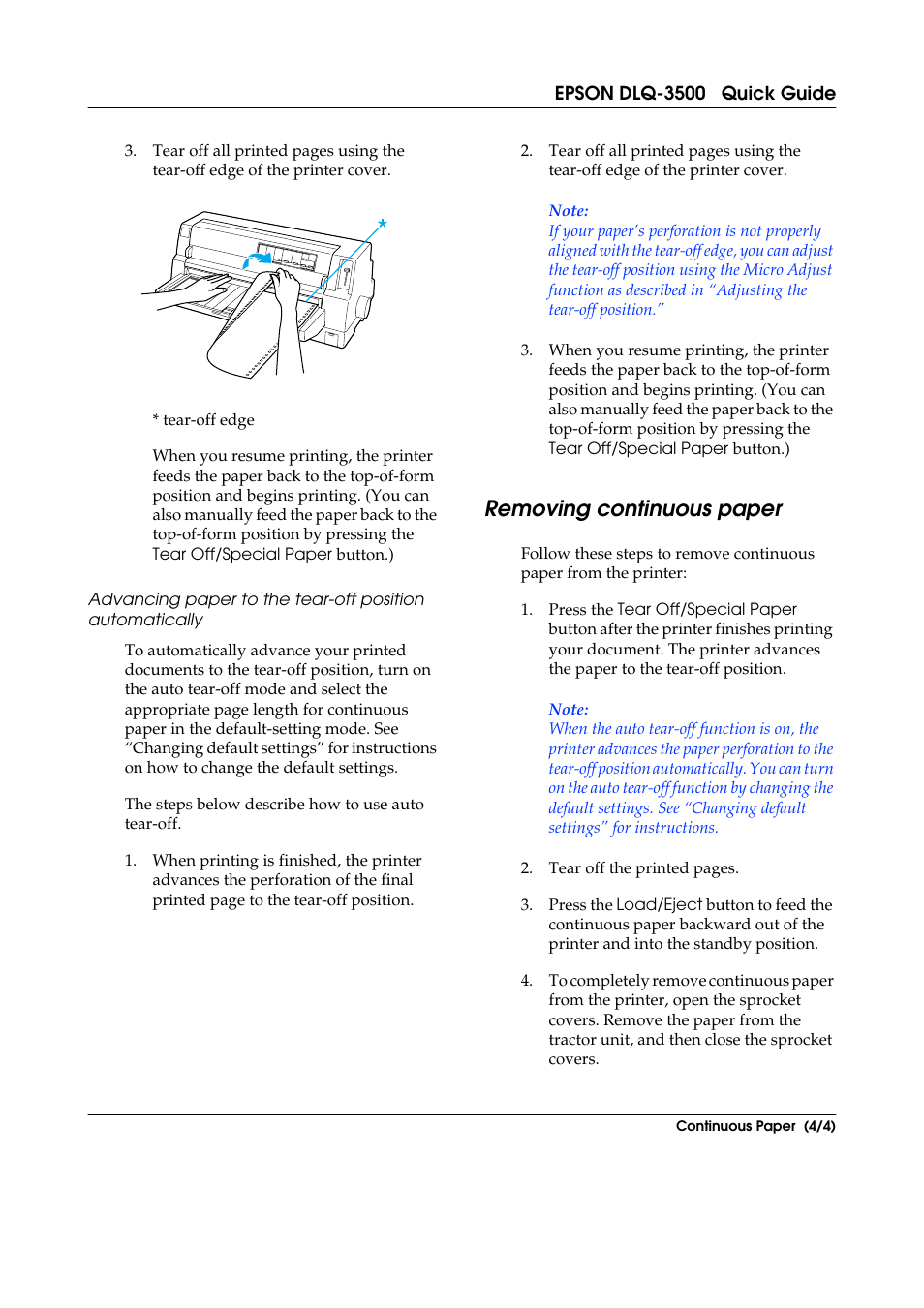 Removing continuous paper | Epson DLQ-3500 User Manual | Page 13 / 31