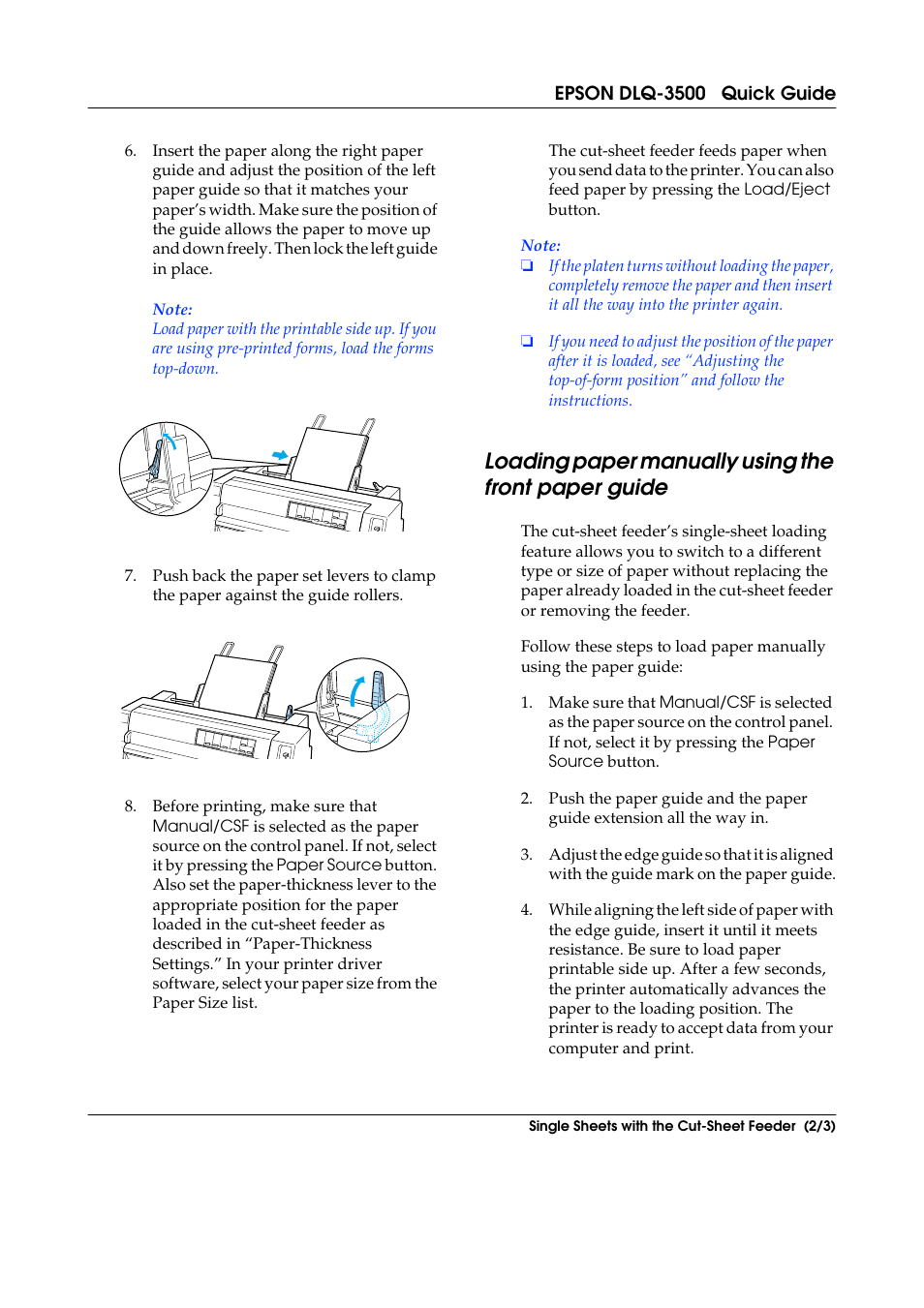Loading paper manually using the front paper guide | Epson DLQ-3500 User Manual | Page 17 / 31