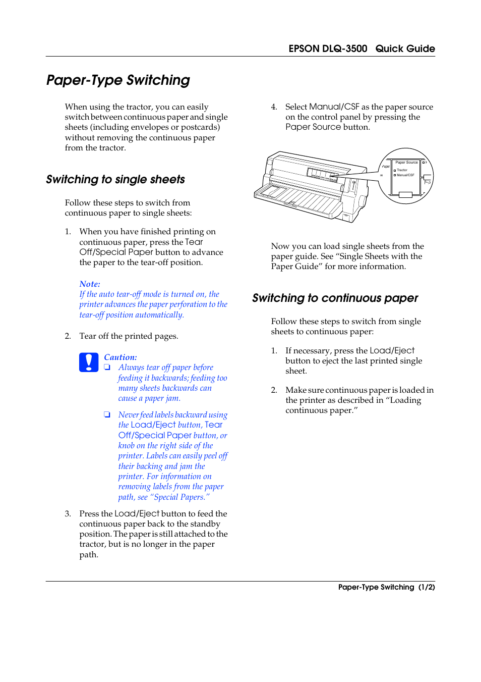 Paper-type switching, Switching to single sheets, Switching to continuous paper | Epson dlq-3500 quick guide | Epson DLQ-3500 User Manual | Page 26 / 31