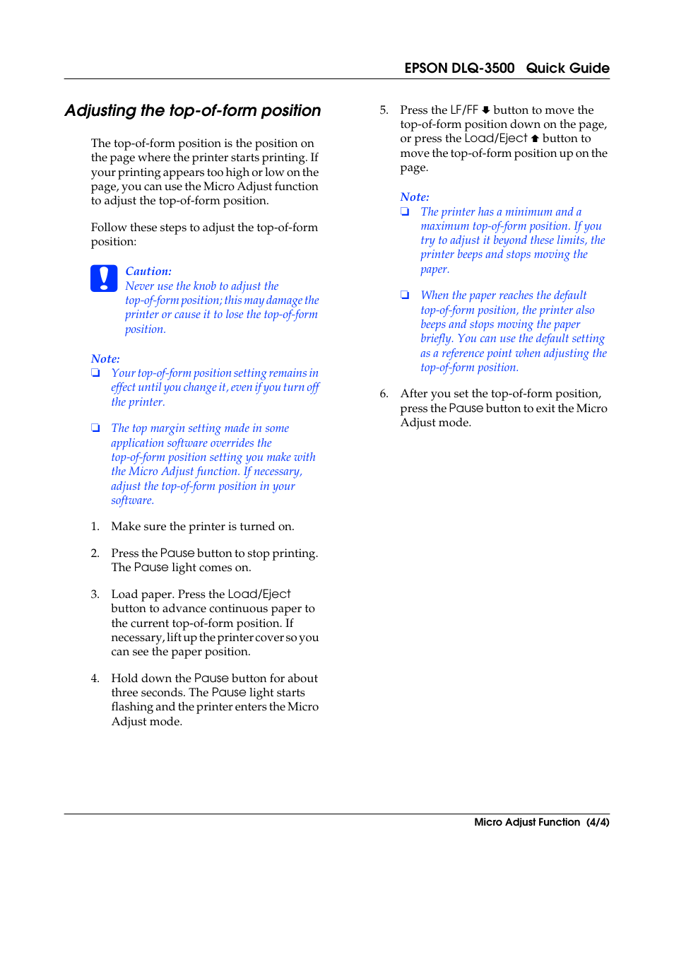 Adjusting the top-of-form position | Epson DLQ-3500 User Manual | Page 29 / 31