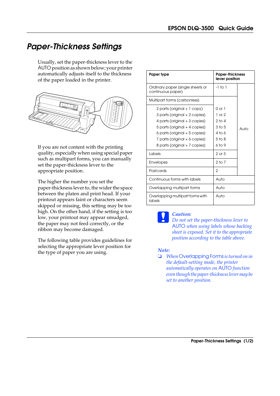 Paper-thickness settings, Epson dlq-3500 quick guide | Epson DLQ-3500 User Manual | Page 8 / 31