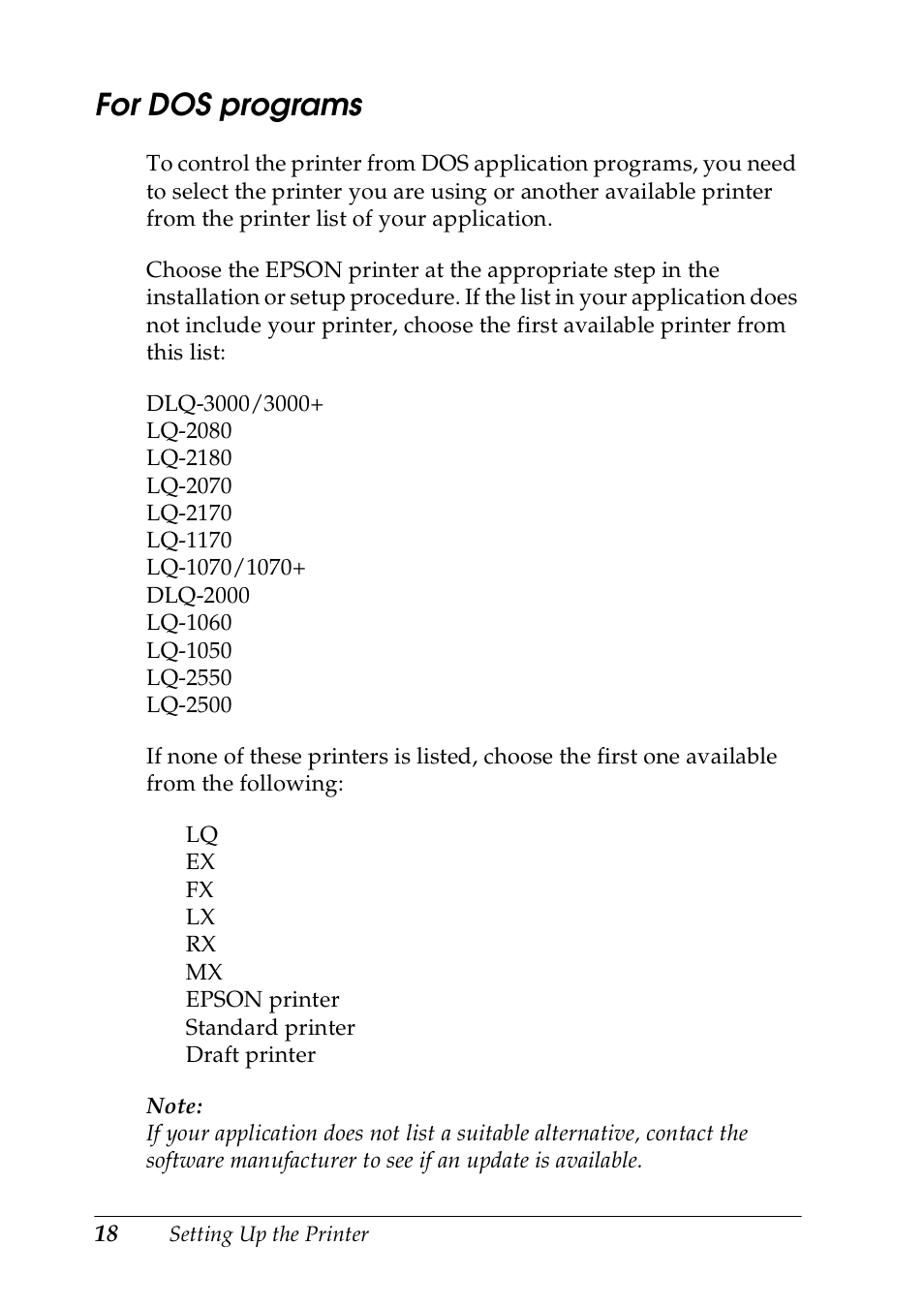 For dos programs | Epson DLQ-3500 User Manual | Page 20 / 30