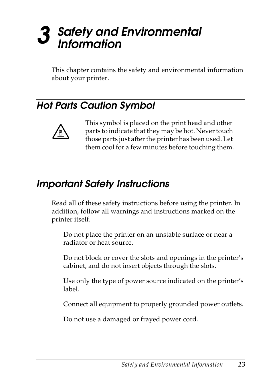 Safety and environmental information, Hot parts caution symbol, Important safety instructions | 3 safety and environmental information | Epson DLQ-3500 User Manual | Page 25 / 30