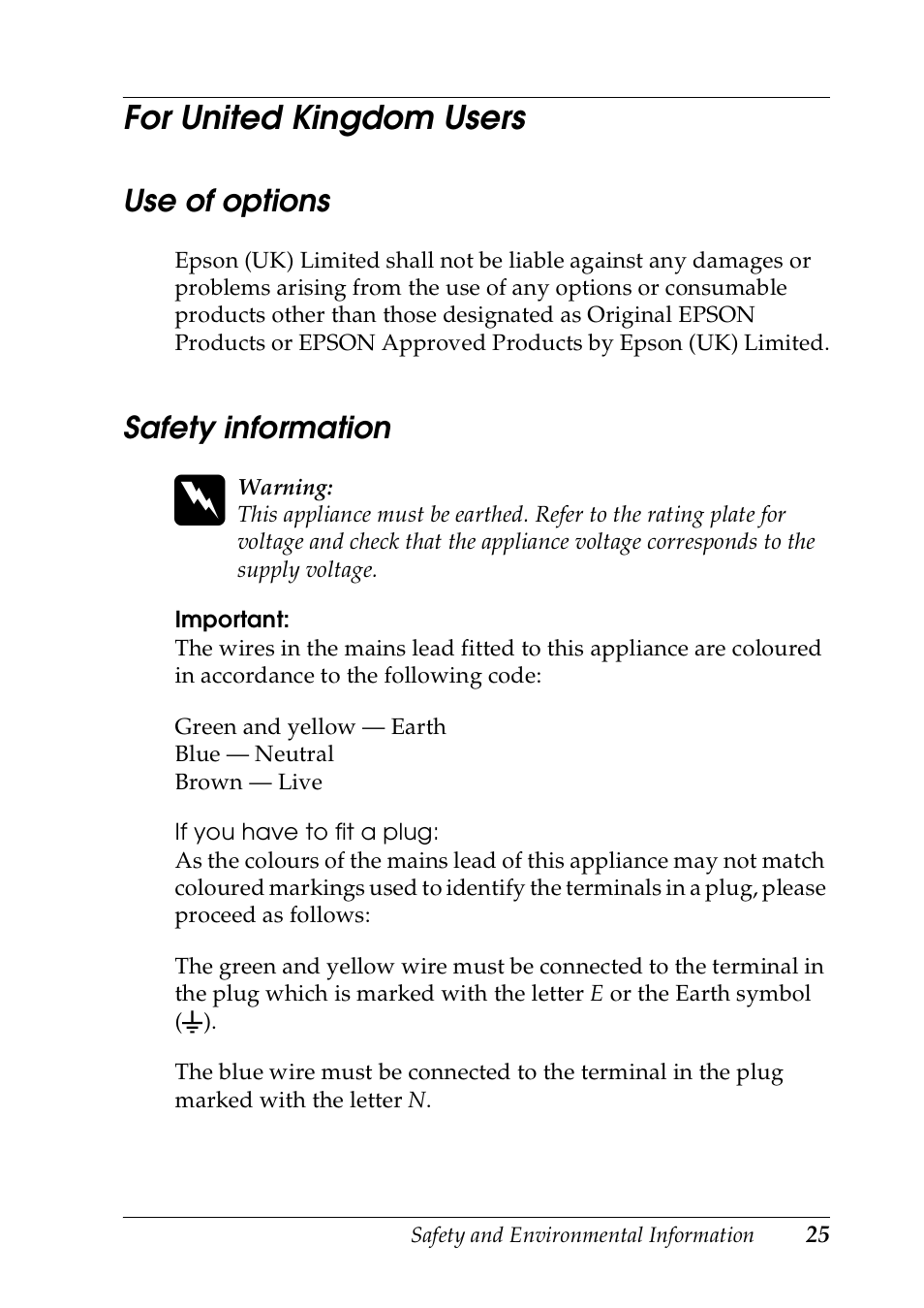 For united kingdom users, Use of options, Safety information | Epson DLQ-3500 User Manual | Page 27 / 30