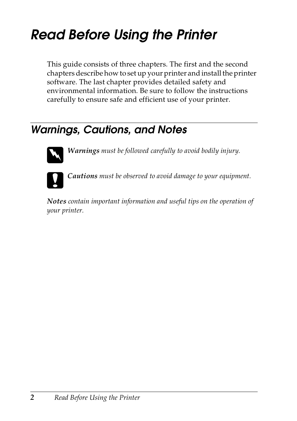 Warnings, cautions, and notes, Read before using the printer | Epson DLQ-3500 User Manual | Page 4 / 30