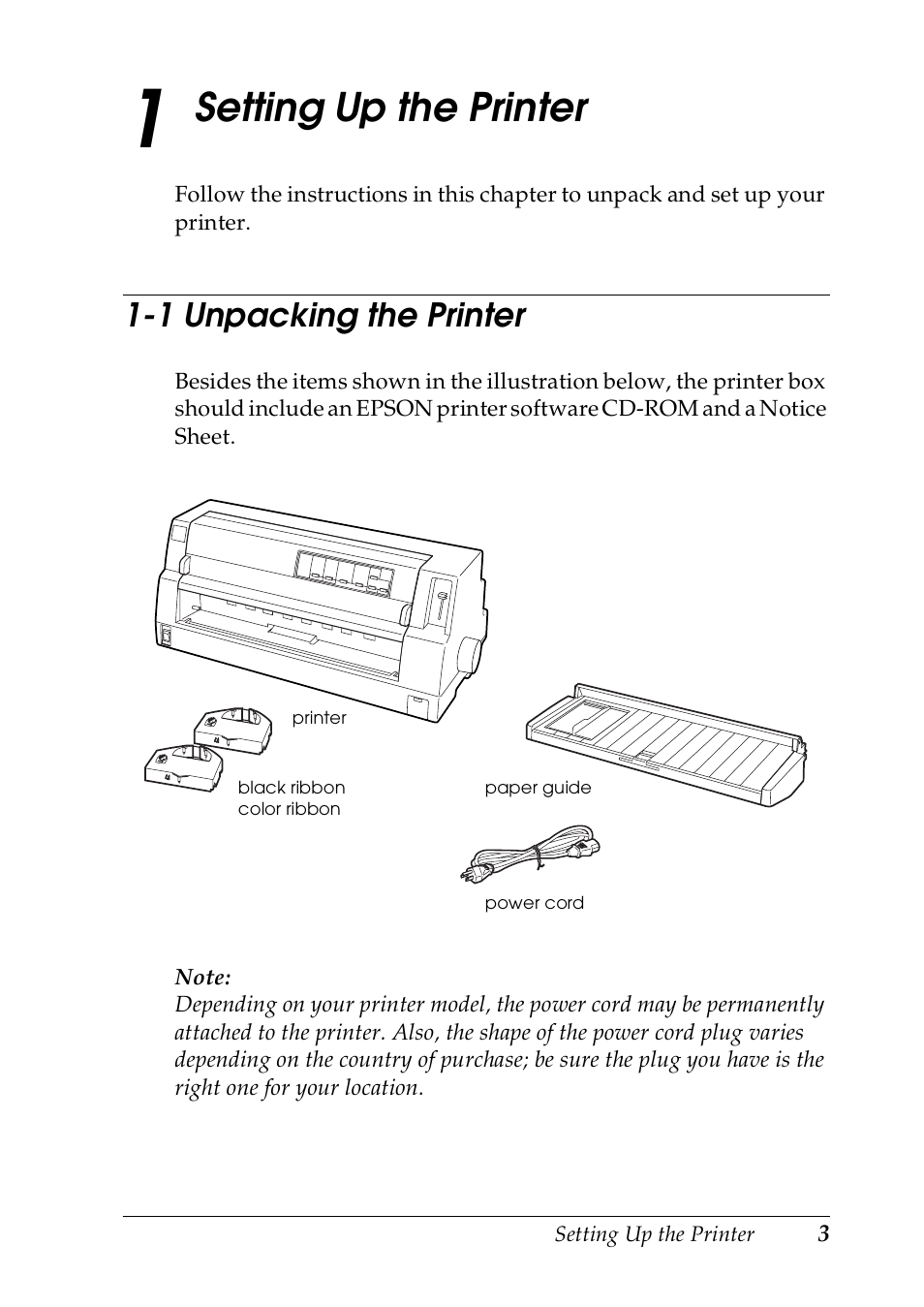 Setting up the printer, 1 unpacking the printer, 1 setting up the printer | Epson DLQ-3500 User Manual | Page 5 / 30