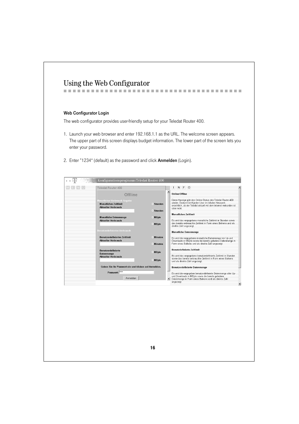 Using the web configurator | Deutsche Telekom Teledat 400 User Manual | Page 16 / 24