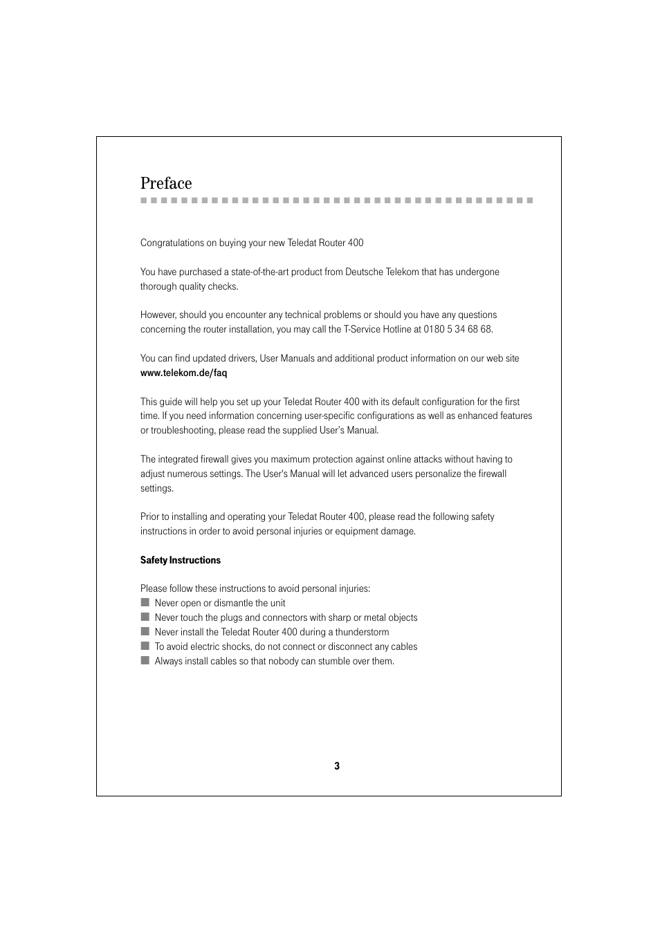 Preface | Deutsche Telekom Teledat 400 User Manual | Page 3 / 24