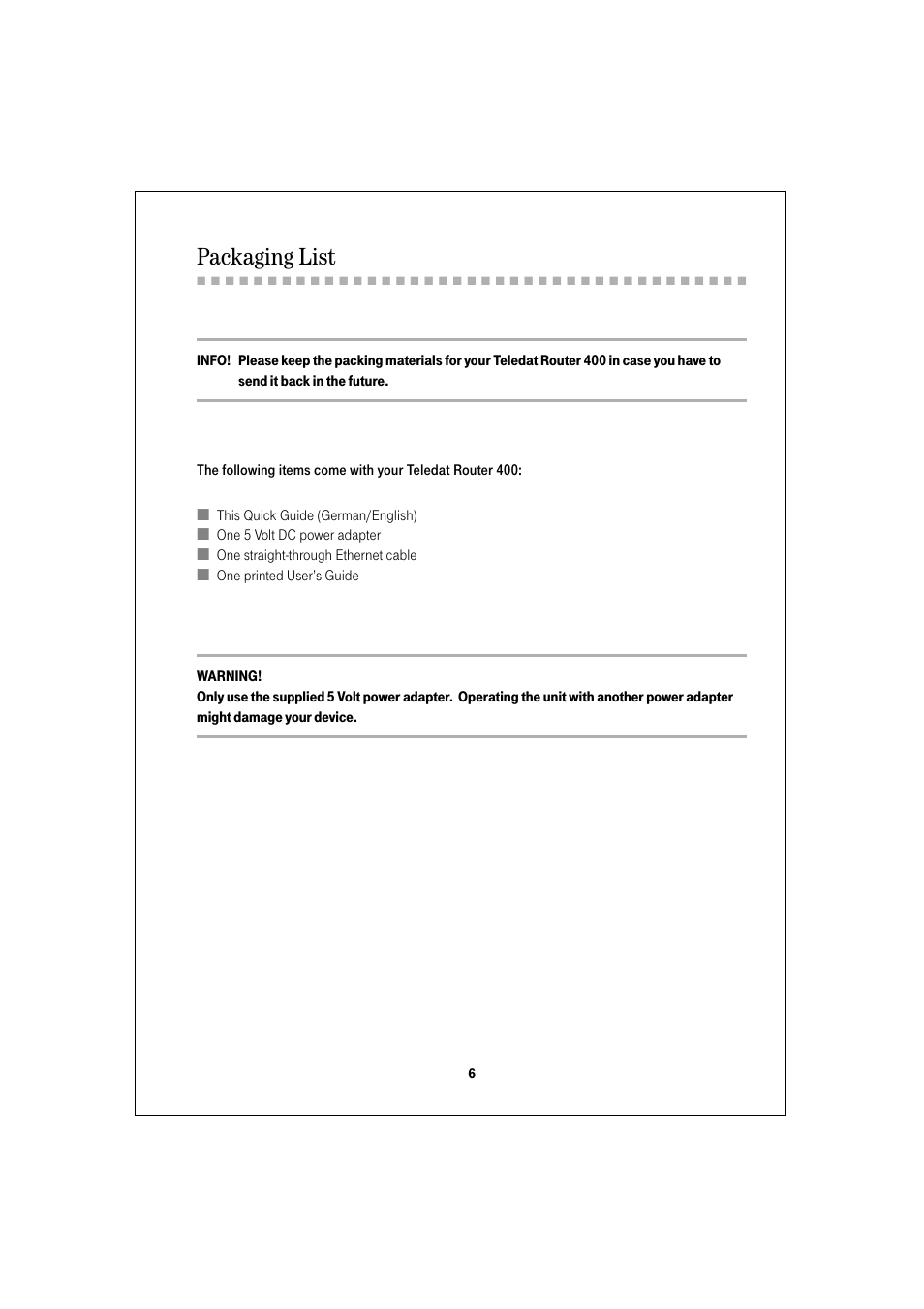 Packaging list | Deutsche Telekom Teledat 400 User Manual | Page 6 / 24