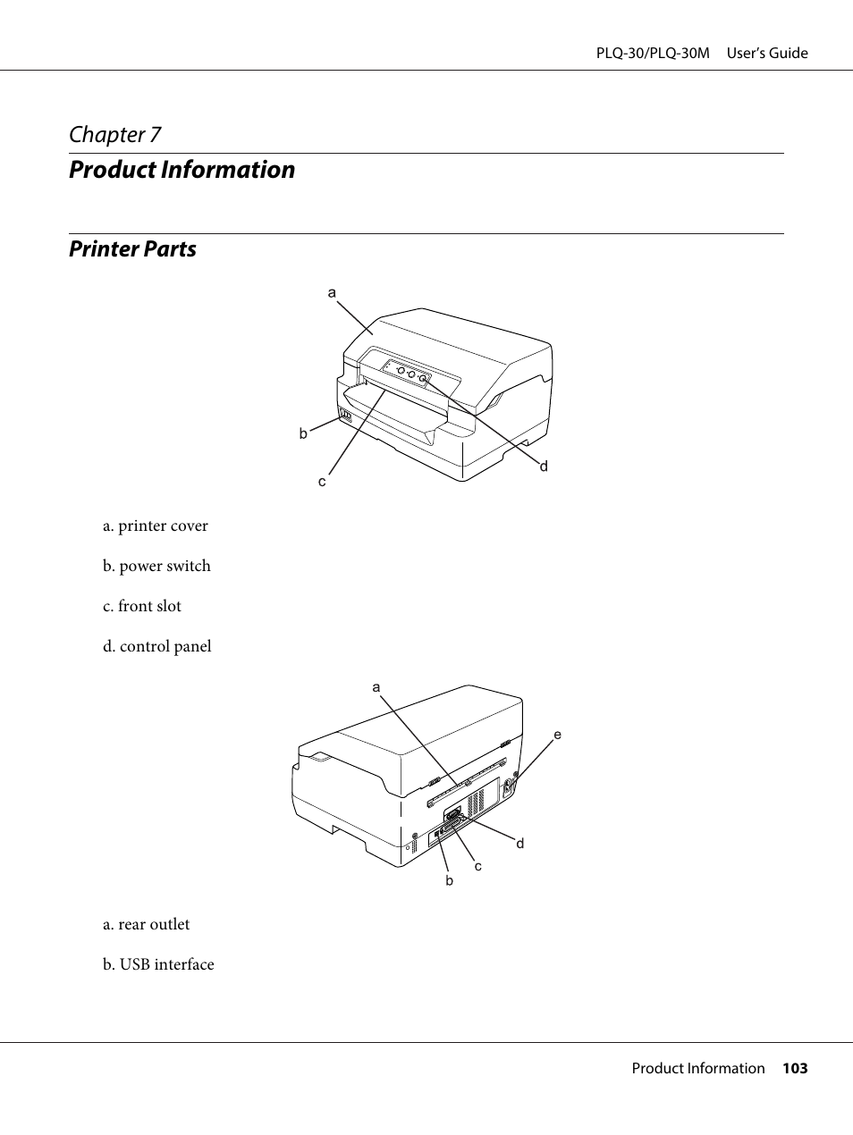 Product information, Printer parts, Chapter 7 product information | Chapter 7 | Epson PLQ-30 User Manual | Page 103 / 139