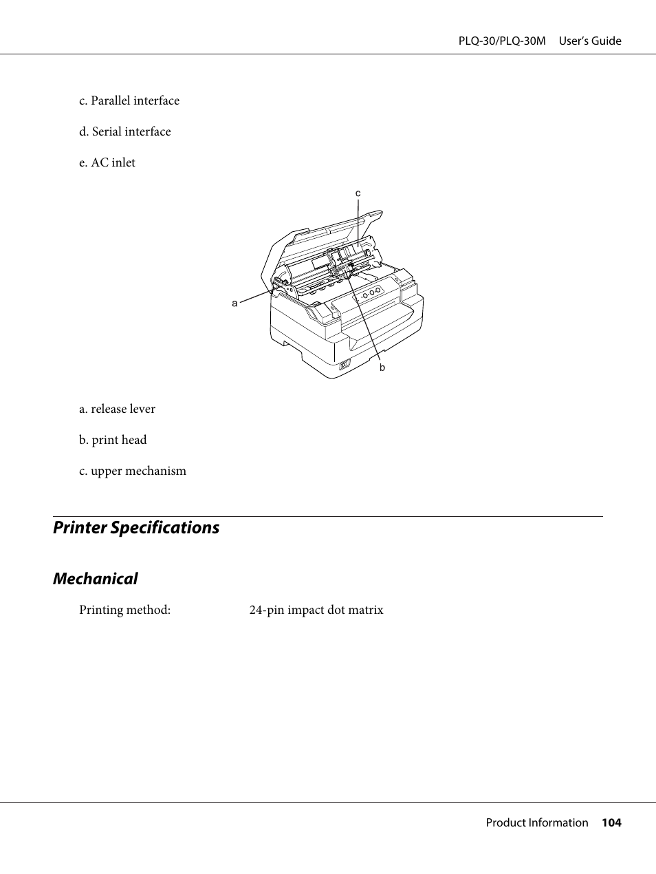 Printer specifications, Mechanical | Epson PLQ-30 User Manual | Page 104 / 139