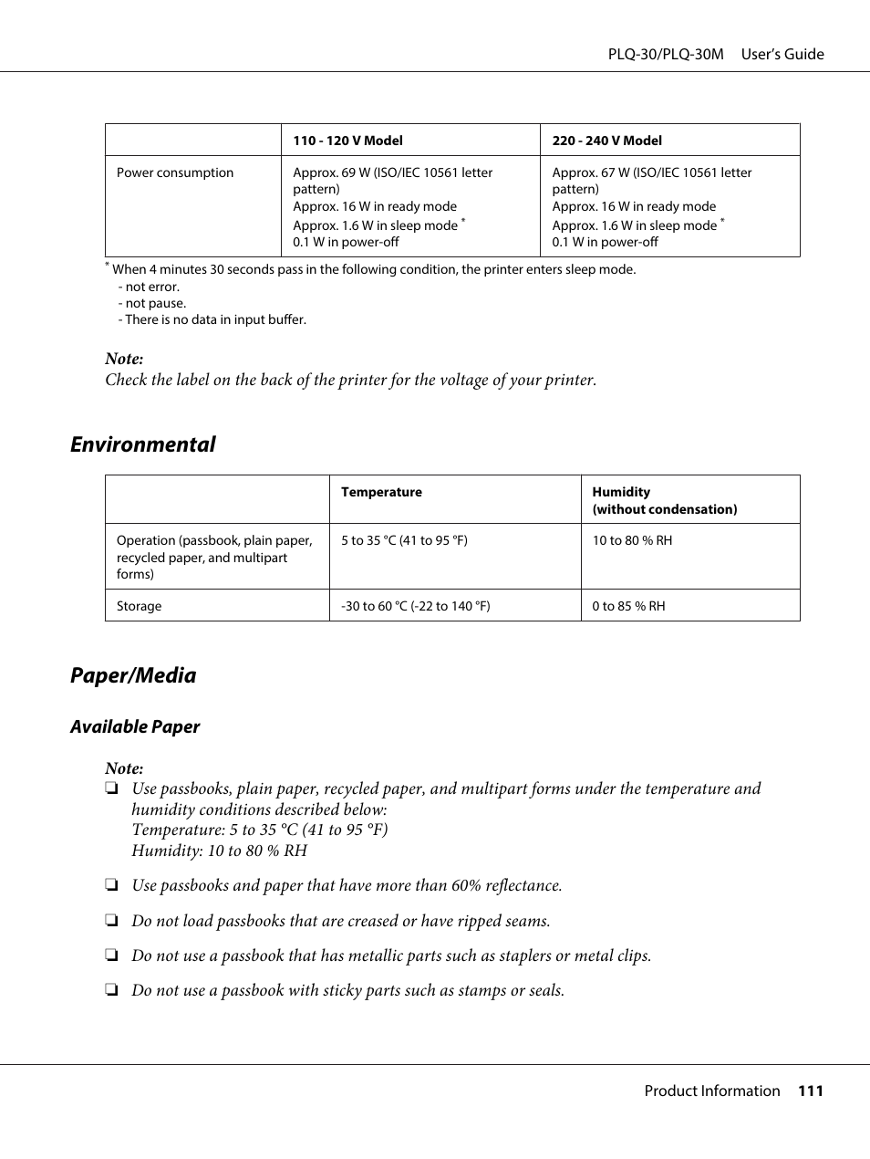 Environmental, Paper/media, Environmental paper/media | Available paper | Epson PLQ-30 User Manual | Page 111 / 139