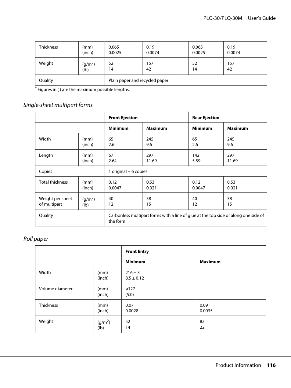 Single-sheet multipart forms, Roll paper | Epson PLQ-30 User Manual | Page 116 / 139