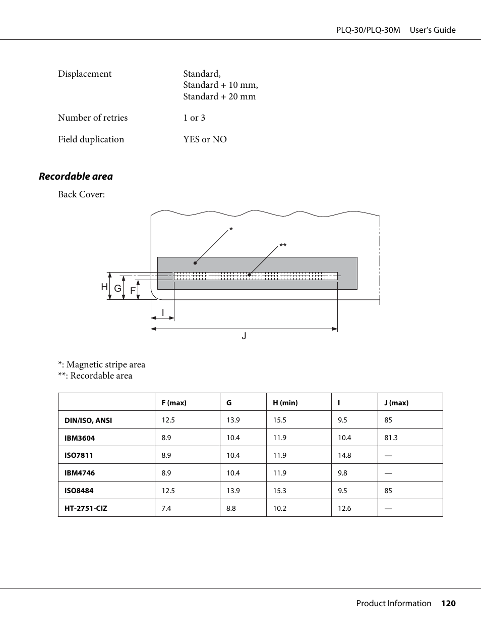 Recordable area | Epson PLQ-30 User Manual | Page 120 / 139