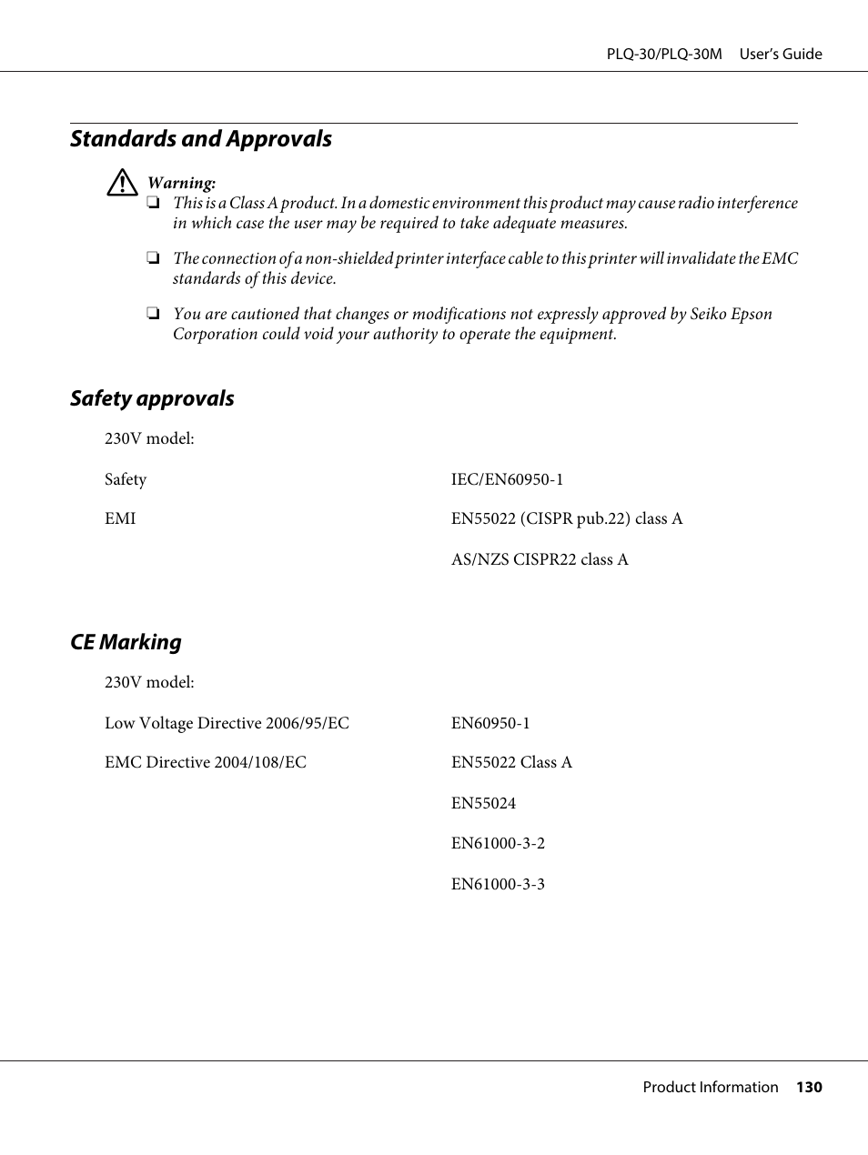 Standards and approvals, Safety approvals, Ce marking | Safety approvals ce marking | Epson PLQ-30 User Manual | Page 130 / 139