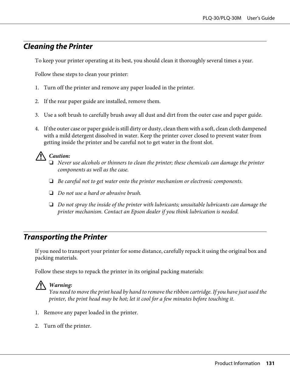 Cleaning the printer, Transporting the printer, Cleaning the printer transporting the printer | Epson PLQ-30 User Manual | Page 131 / 139